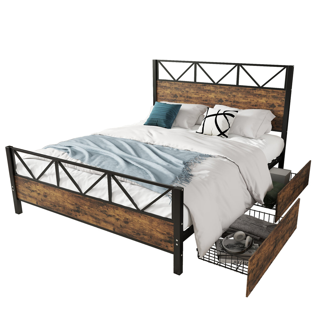Industrial style double bed frame black wood with 2 storage drawers 135x190cm ELEMENTALIS