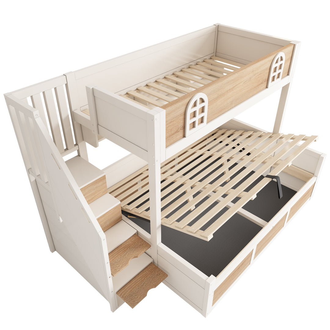 White wooden bunk beds with staircase and storage 90x190cm +135x190cm FOCUSIAL