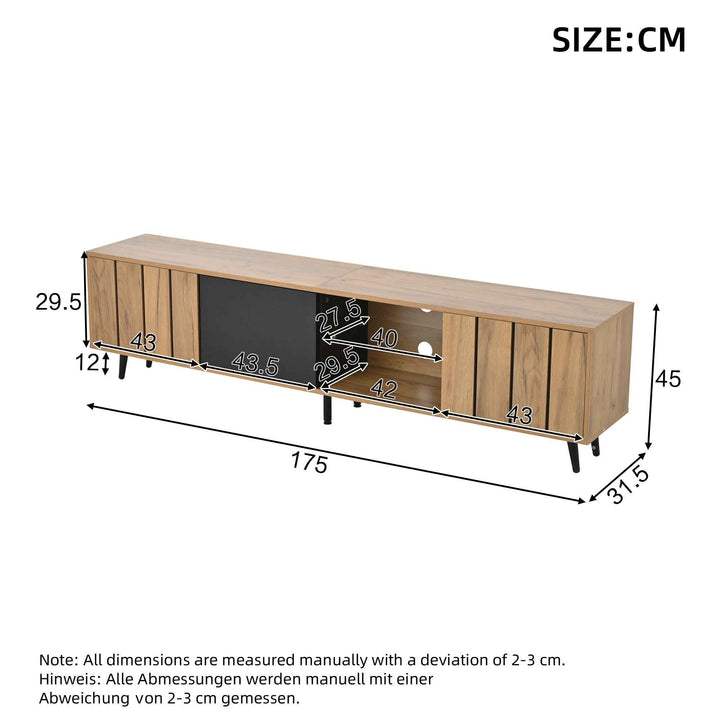 TV stand cabinet wood look & black, 3 doors glass shelf FLAREKRYOS