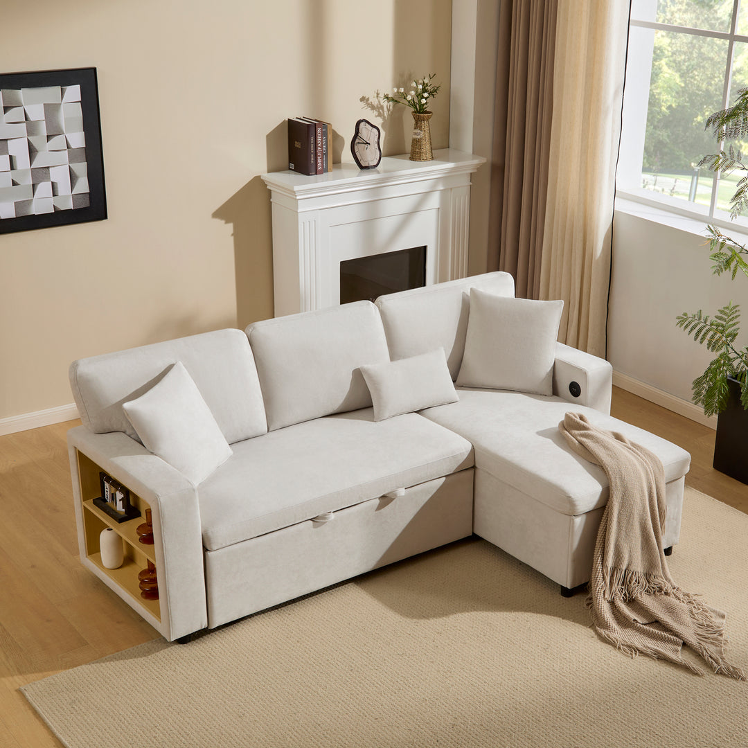 Beige 3-seater corner sofa bed with side shelf and USB ports ANTCOLONY UK