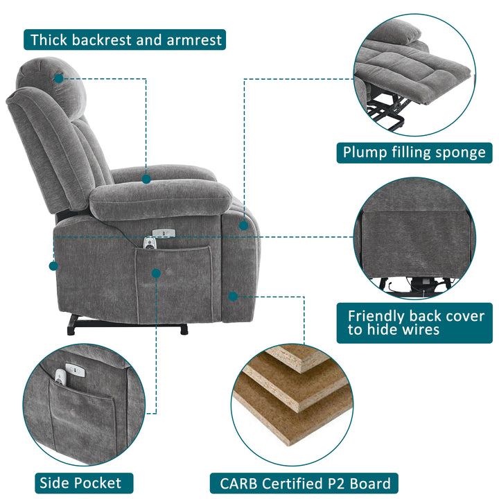 Electric lift up fabric grey large recliner with massage and heat MAGNETICFLUX