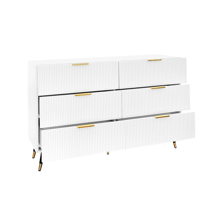 White and gold particle board storage sideboard with 6 drawers FERNGLADE UK