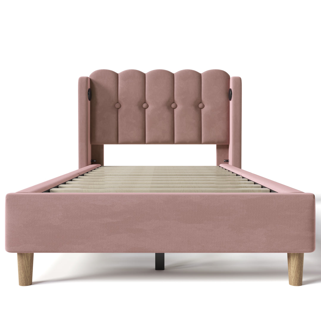 Pink velvet upholstered single divan bed frame with USB charging KRIGIED SINGLE PINK UK