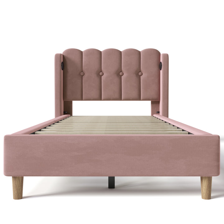 Pink velvet upholstered single divan bed frame with USB charging KRIGIED SINGLE PINK UK