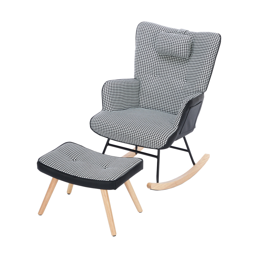 Black white houndstooth rocking chair high back with footrest CLOUDBROOK UK