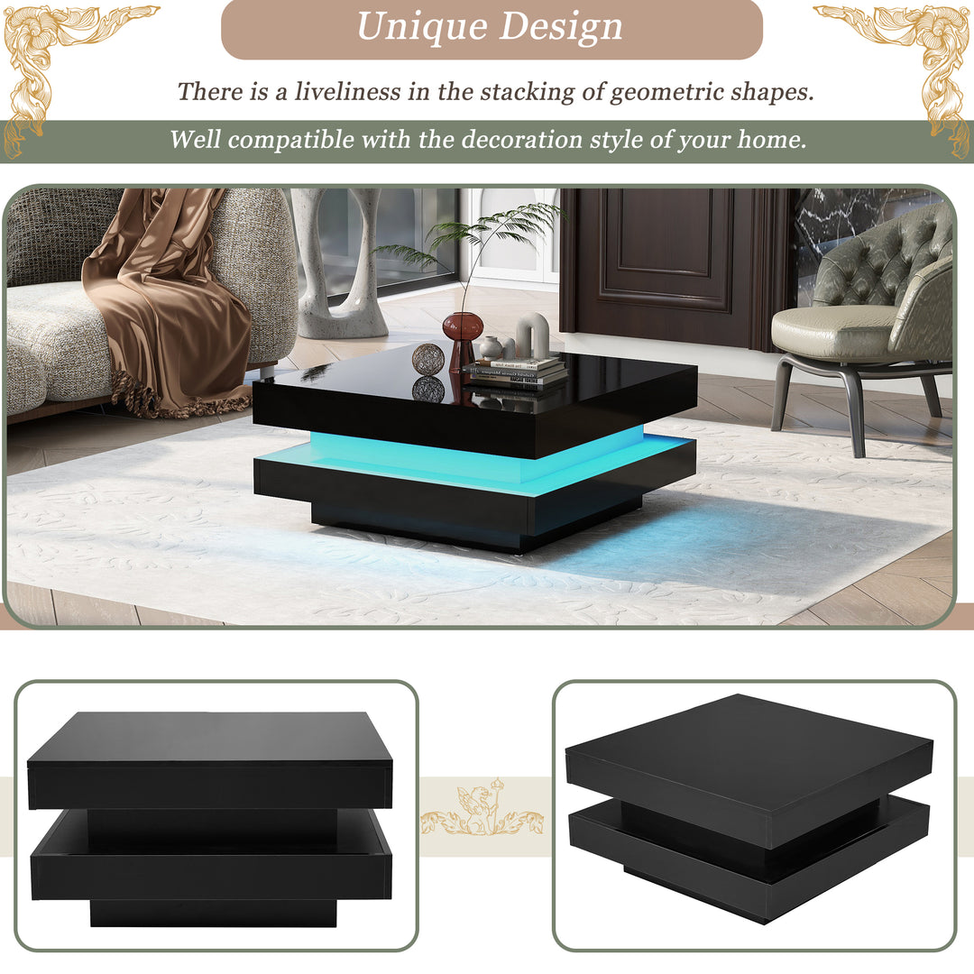 Black high gloss square coffee table with 360° rotating top LED lighting KERATINSCALE