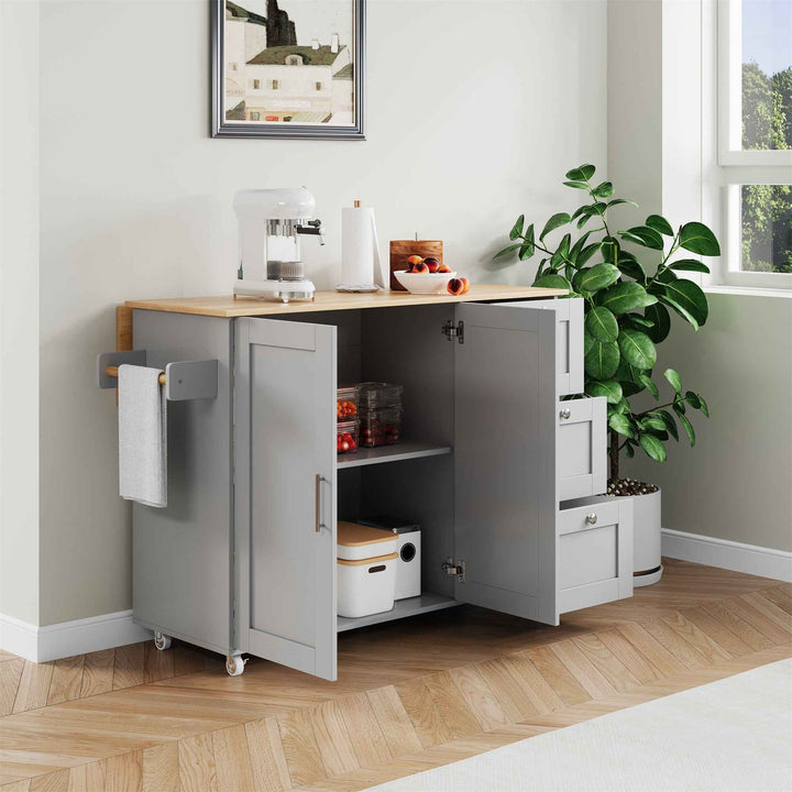 00+Kitchen Island on Wheels Grey Foldable Tabletop, 3 Drawers, 2 Doors, for Dining & Living Room VERTEXRYN