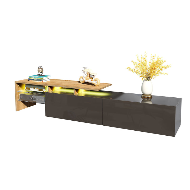 Modern black high gloss TV cabinet with glass shelves and LED lighting KETTLEHOLE