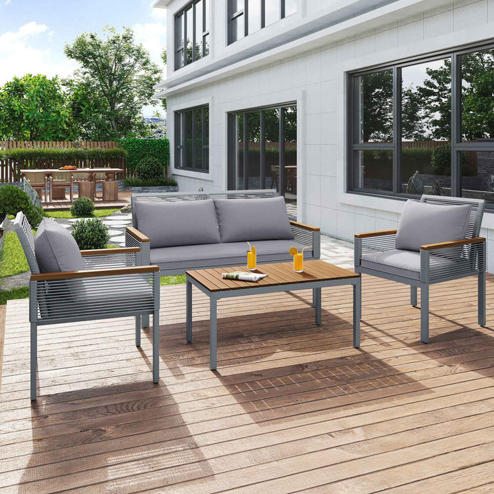 Garden lounge set 4-piece wooden look grey rattan with coffee table INFINITECLAR