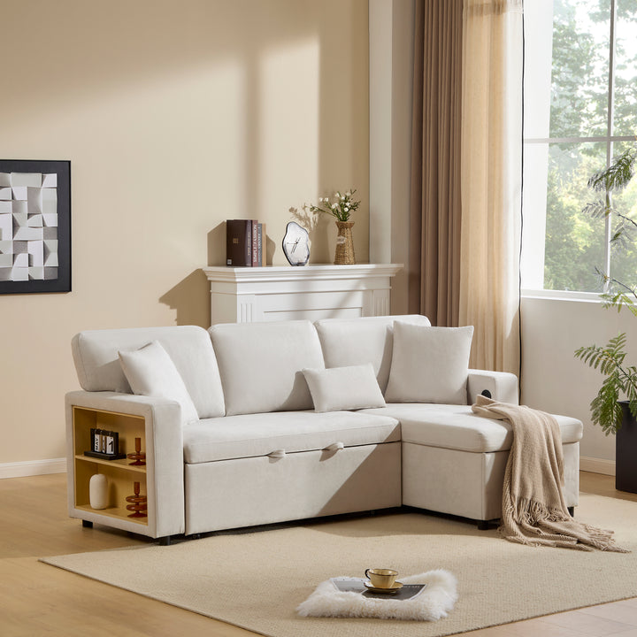 Beige 3-seater corner sofa bed with side shelf and USB ports ANTCOLONY UK