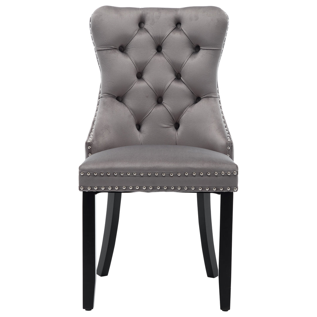 Set of 4 dining chairs velvet grey tufted with solid wood legs, nailheads and back chrome ring NOBLEE
