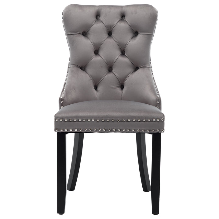 Set of 4 dining chairs velvet grey tufted with solid wood legs, nailheads and back chrome ring NOBLEE