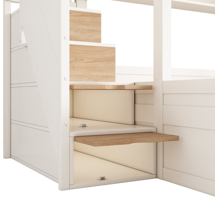White wooden bunk beds with staircase and storage 90x190cm +135x190cm FOCUSIAL