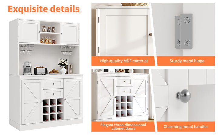 White tall farmhouse kitchen hutch cabinet with wine rack and glass holders VIGOURUS