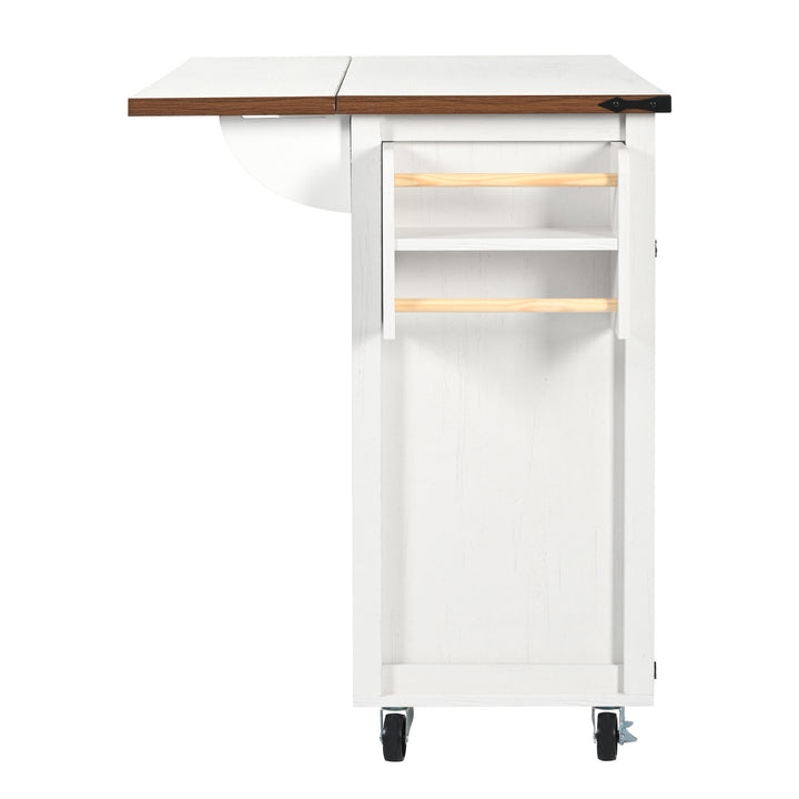 White farmhouse style rolling kitchen island with fold-out top and racks SALTMARSH