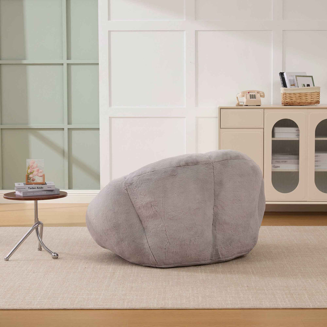 Lazy chair shell shaped sofa light grey faux fur, memory foam bean bag chair removable cover