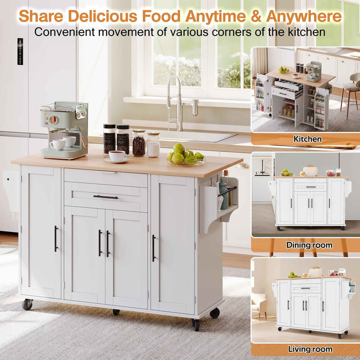 00+Kitchen Island on Wheels, White & Natural MDF, Foldable Tabletop, Adjustable Shelves, Storage Cabinets Rolling Trolley for Dining Room VERTEXZYR