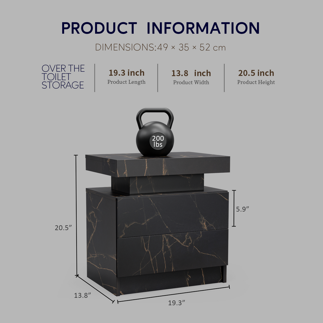 Black marble-look nightstand LED bedside table cabinet with 2 drawers FROSTWORK
