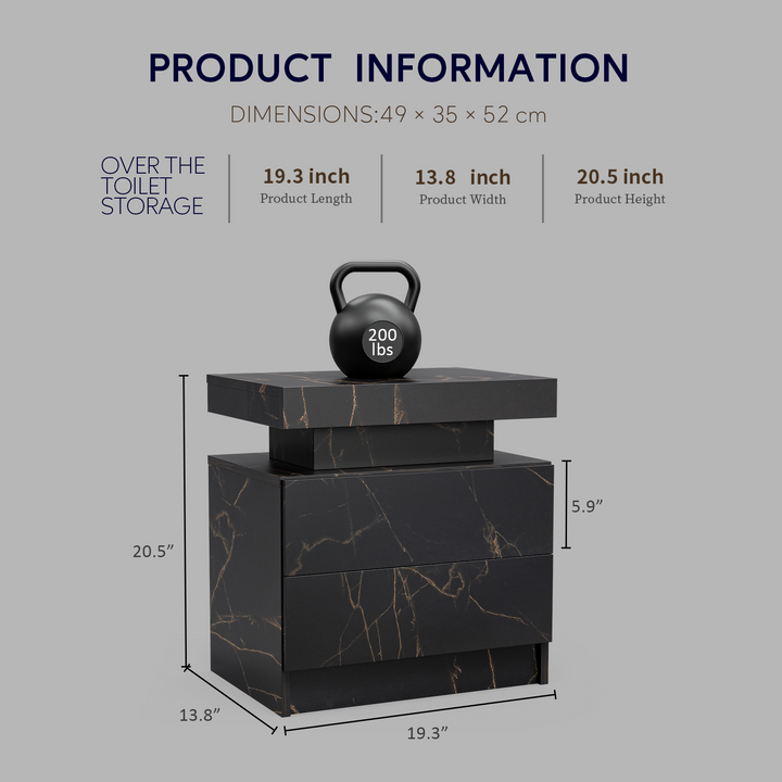 Black marble-look nightstand LED bedside table cabinet with 2 drawers FROSTWORK