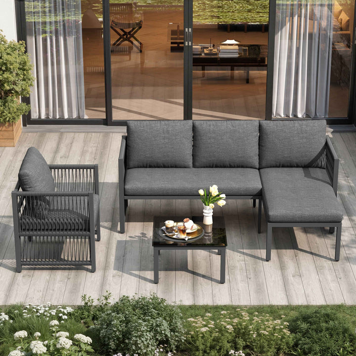 Garden furniture set 4-5 seater grey modular sofa with tempered glass table INFINITECASCD