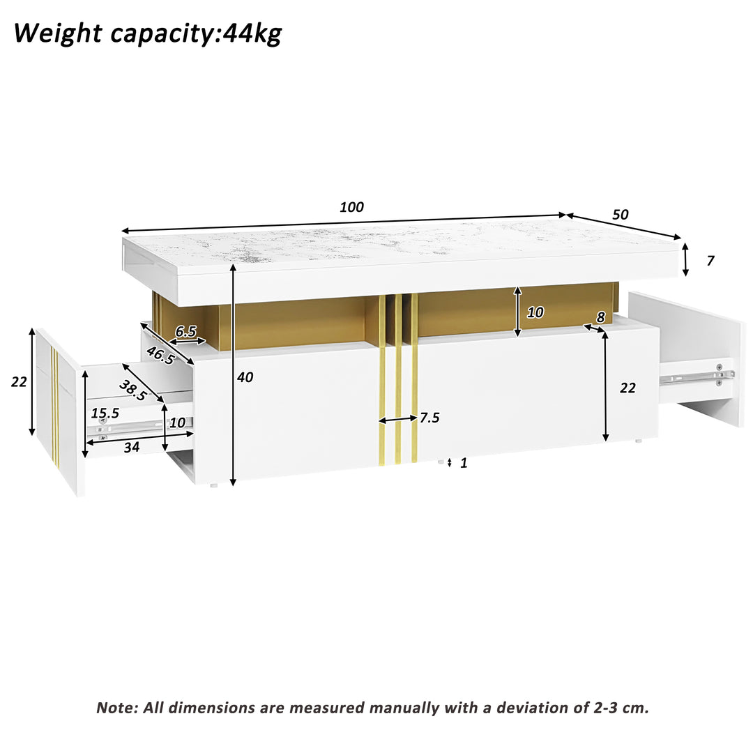 White marble look coffee table with gold accents and 2 drawers CREPUSCRAY