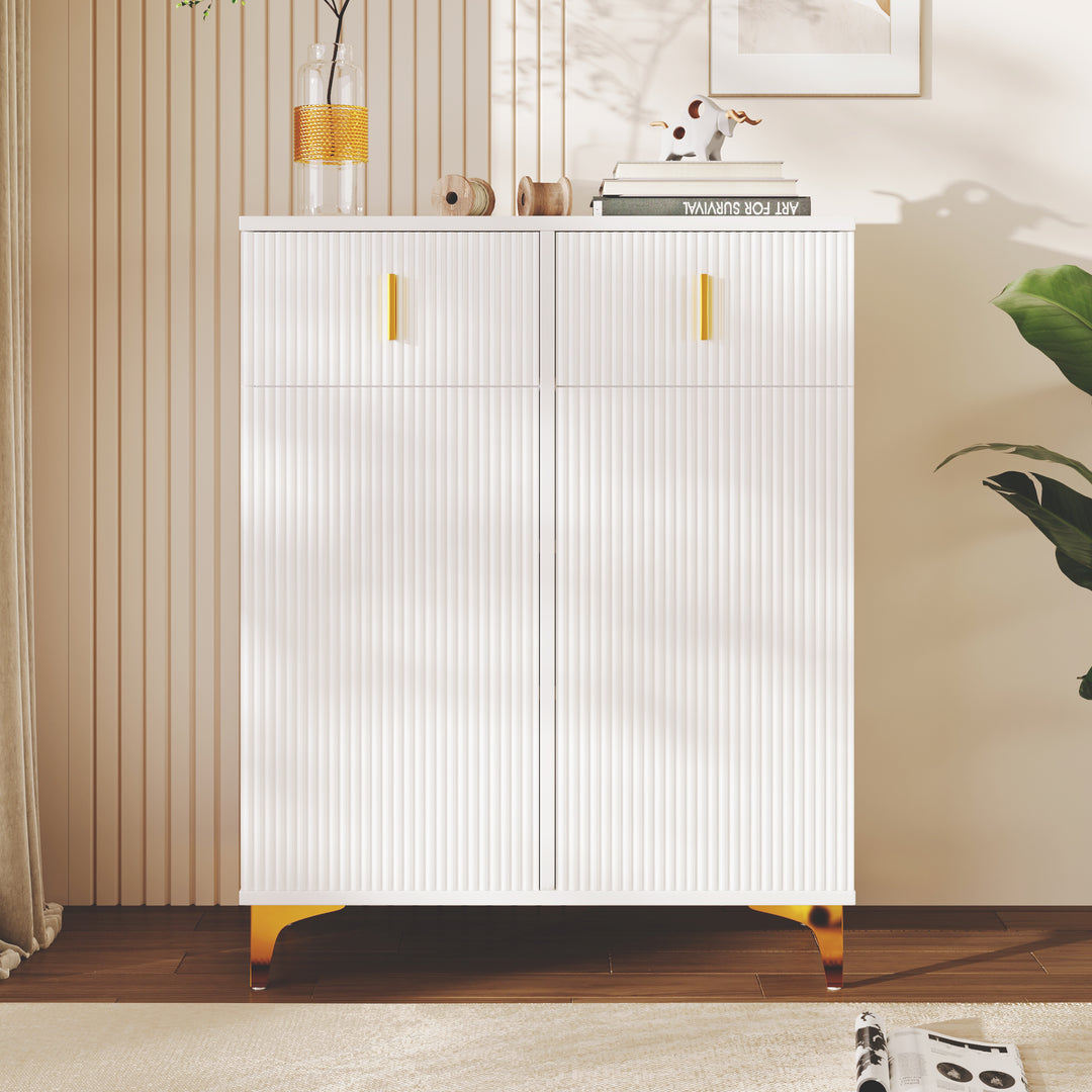 White shoe cabinet with textured panels and golden legs FERNCREST UK