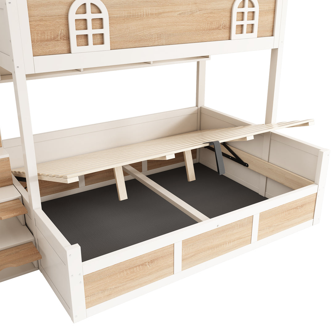 White wooden bunk beds with staircase and storage 90x190cm +135x190cm FOCUSIAL