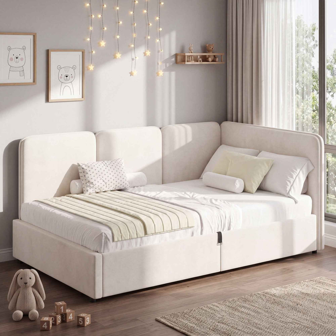 00+Modern Single Velvet Ottoman Daybed 90 x 190 cm Beige with Reversible Chaise VANITYHAVEN