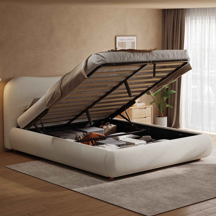 Ottoman Storage Bed Frame 135x190cm Double Boucle Upholstered, Curved Headboard, Warm White, Space Saving, Modern Style