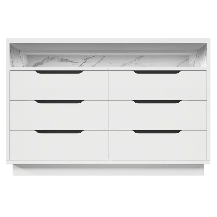 White marbled look 6-drawer sideboard with LED lighting MAGNETOPAUS