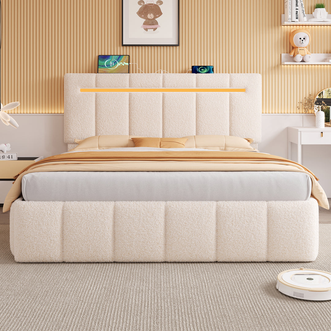 Upholstered beige boucle divan double bed with storage LED lights 135x190cm MAGMASWELL UK
