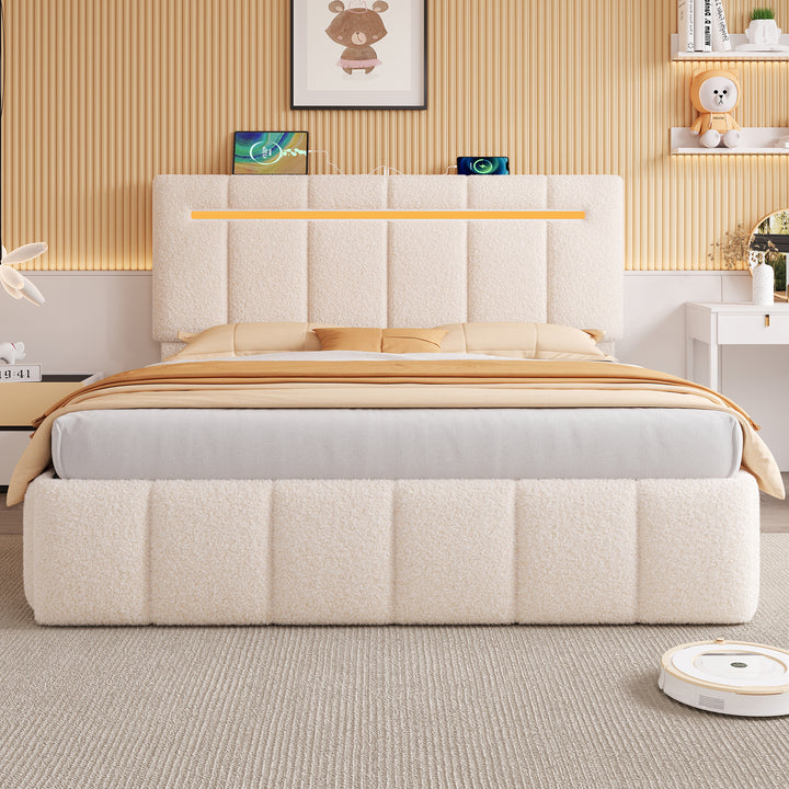 Upholstered beige boucle divan double bed with storage LED lights 135x190cm MAGMASWELL UK