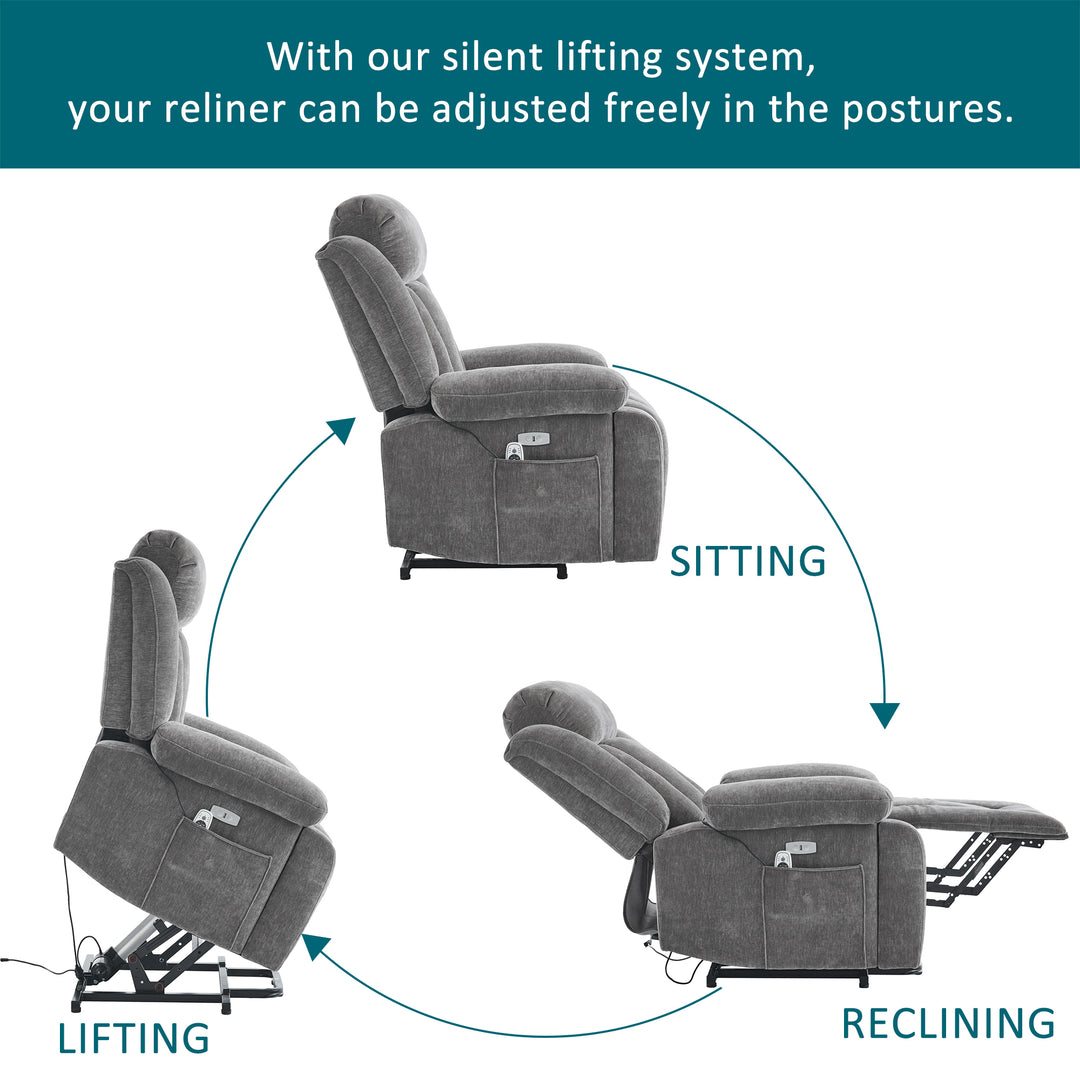 Electric lift up fabric grey large recliner with massage and heat MAGNETICFLUX