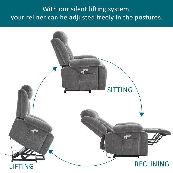Electric lift up fabric grey large recliner with massage and heat MAGNETICFLUX