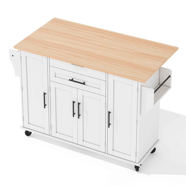 00+Kitchen Island on Wheels, White & Natural MDF, Foldable Tabletop, Adjustable Shelves, Storage Cabinets Rolling Trolley for Dining Room VERTEXZYR