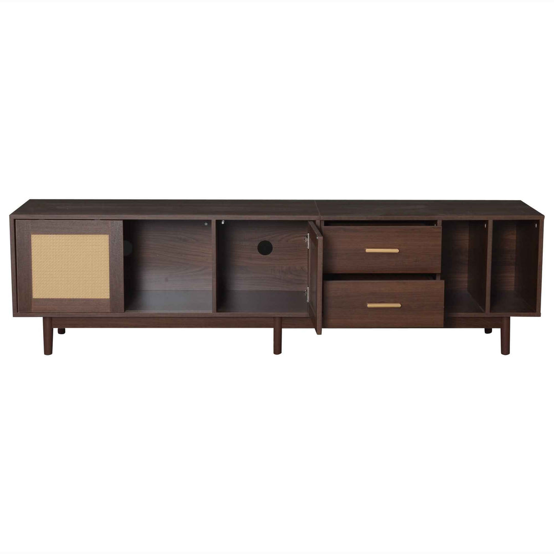 TV stand dark wood vintage look with rattan sliding doors & 2 drawers  INFINITERIF