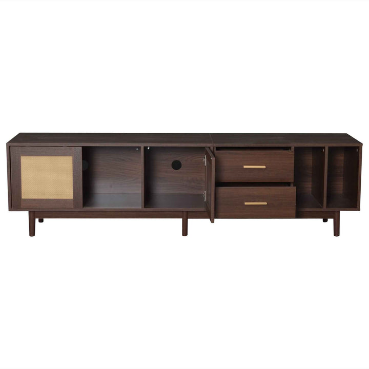 TV stand dark wood vintage look with rattan sliding doors & 2 drawers  INFINITERIF