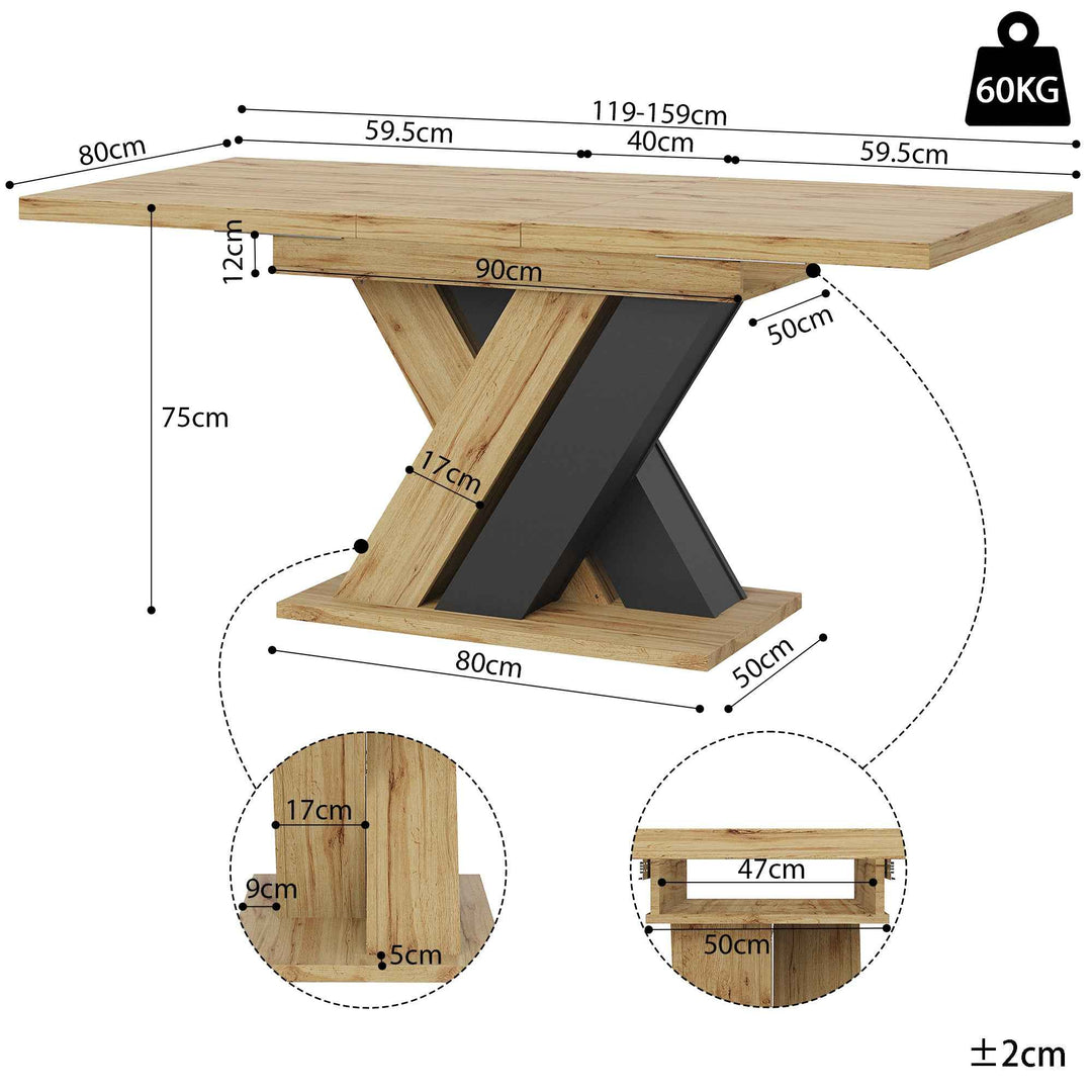 Wooden extendable dining table X-shaped legs 119-158.5cm