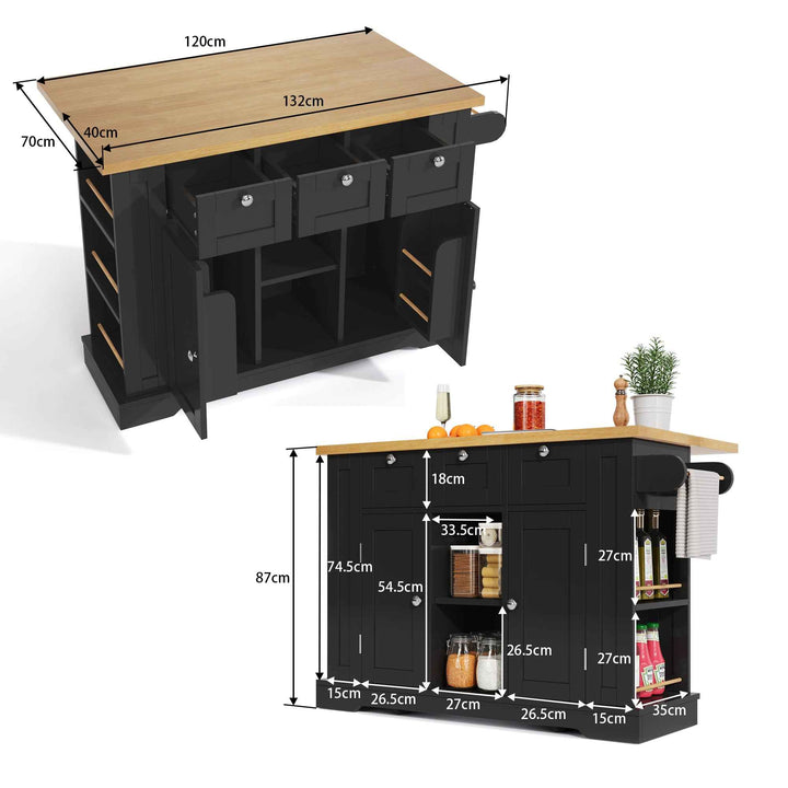 00+Kitchen Island on Wheels 132cm, Foldable Drop Leaf, MDF, Natural+Black, 3 Drawers, Spice Rack, Towel Holder, Charging Station VERTEXKORR