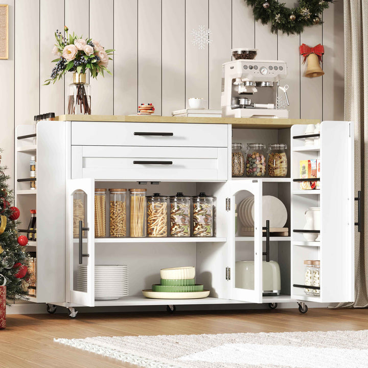 00+Mobile Kitchen Island Trolley White Foldable Worktop, 5 Wheels, Glass Doors, Storage Racks, Cutlery Drawer NOVAOR