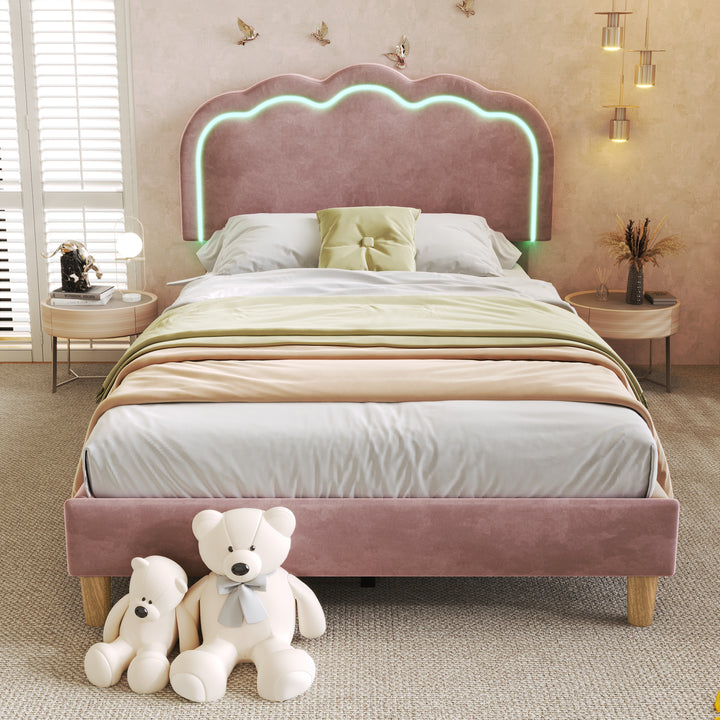 Pink velvet upholstered divan bed frame with LED, headboard height adjustable INDROX PINK UK