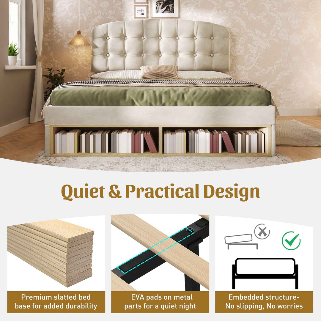 Double Bed Frame with Storage Drawers Velvet Upholstered, 135x190cm, Beige, No Mattress BEDRESIN