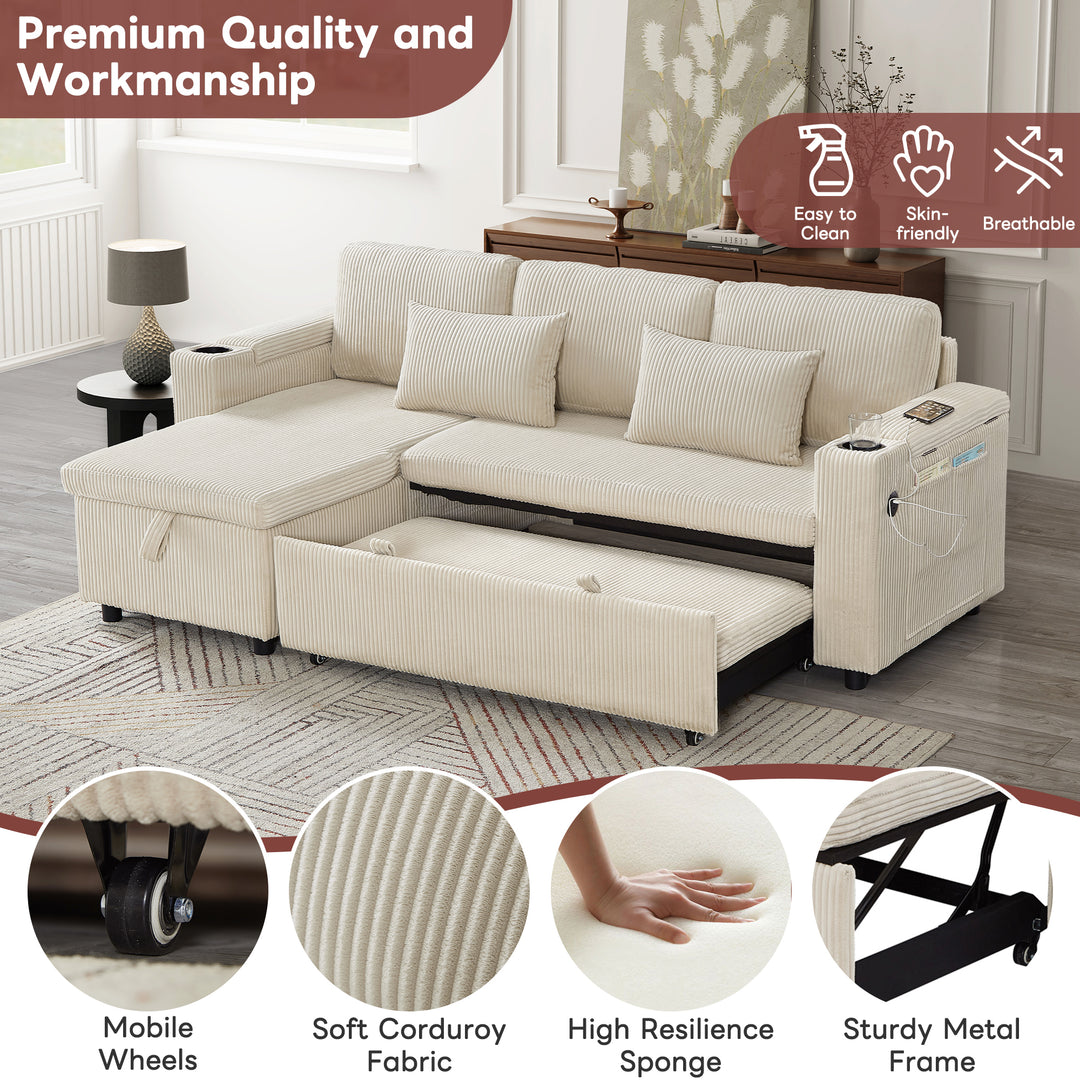 Beige corduroy 3-seater sofa bed trundle bed with storage and USB ports SPELEOTHEM UK