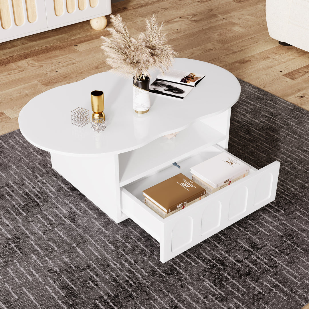 Modern oval white coffee table with push-to-open drawer CLOUDCREST