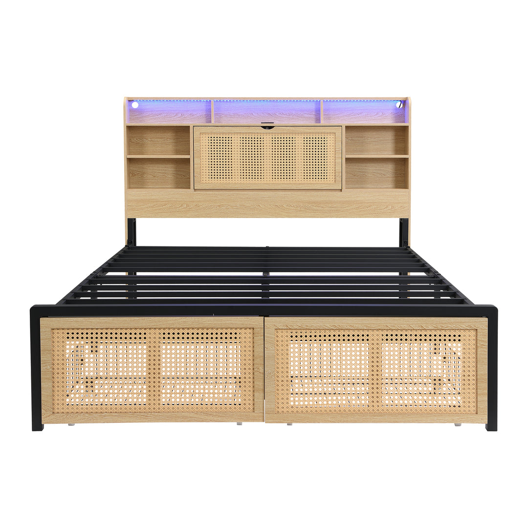 Wooden double bed with headboard storage, rattan drawer and LED lighting (135×190cm) HYDATHOD