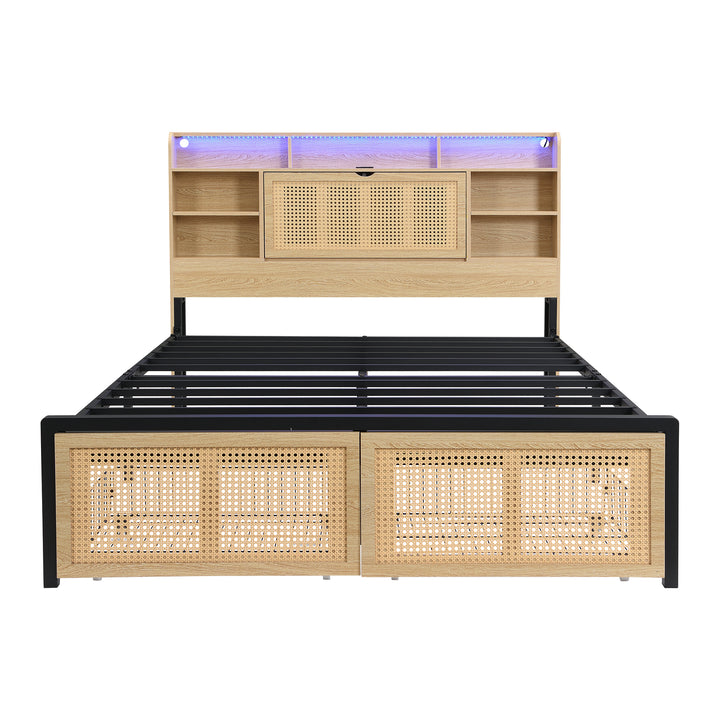 Wooden double bed with headboard storage, rattan drawer and LED lighting (135×190cm) HYDATHOD