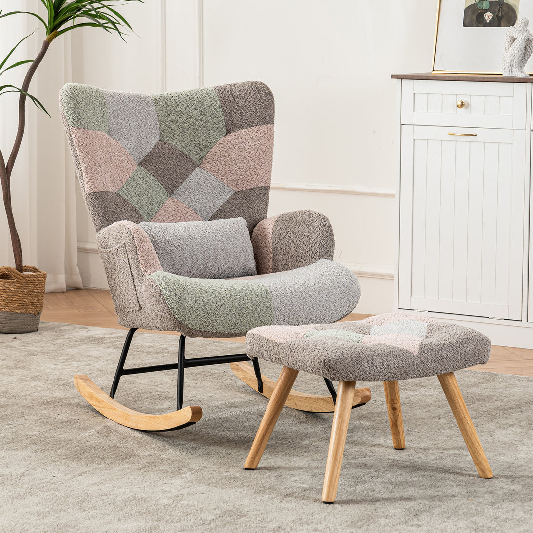 Patchwork rocking chair with footstool, bouclé fabric accent chair with wooden legs and cushion RECTRIX