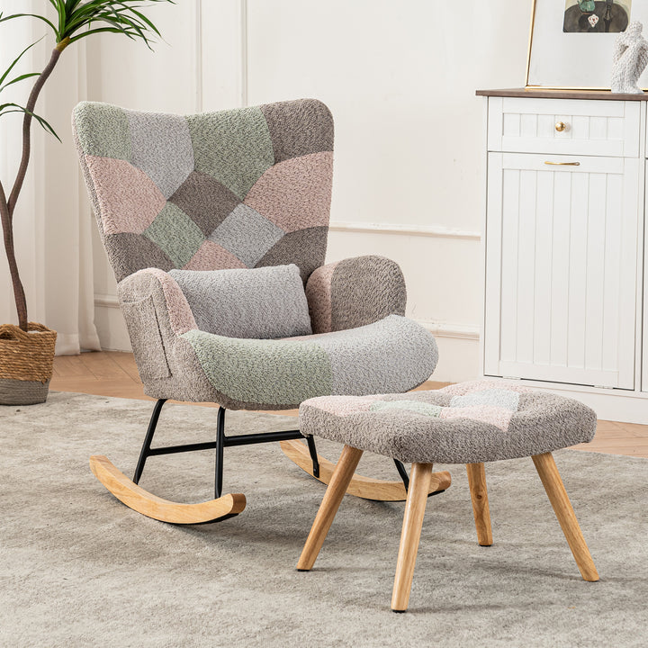 Patchwork rocking chair with footstool, bouclé fabric accent chair with wooden legs and cushion RECTRIX