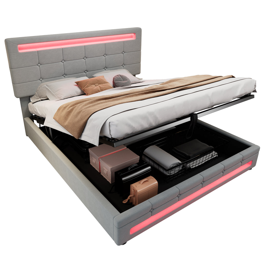 Grey velvet upholstered ottoman double bed with LED lighting (135x190cm) ANHYDROBIO