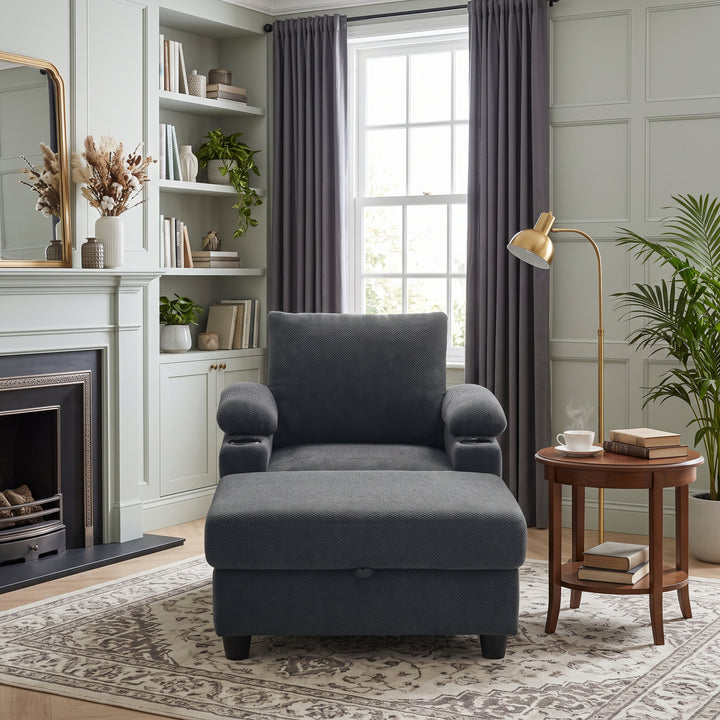 Multi-Functional Grey Corduroy Single Sofa with Adjustable Back and Hidden Storage Ottoman WOODPILLOW